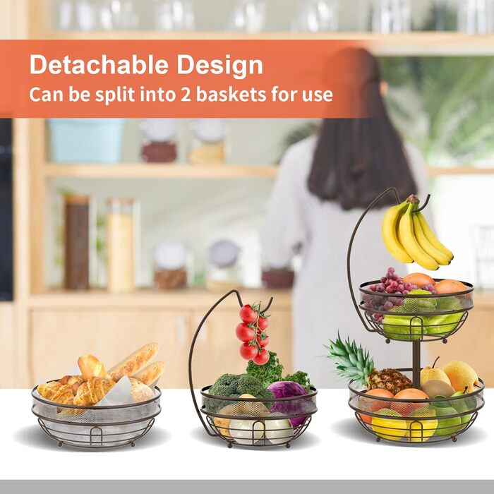 Металева фруктова тарілка Bomclap з 2 ярусами - кошик для фруктів з тримачем для бананів, бронзовий колір