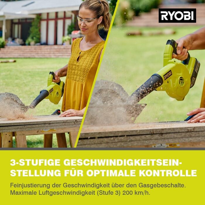 Повітродувка акумуляторна RYOBI 18V ONE+ R18TB-0, 2,9 м³/хв, 200 км/год, без акумулятора та зарядного пристрою