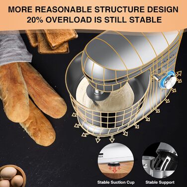 Кухонний комбайн-міксер 1500W з чашею з нержавіючої сталі 7л, планетарний міксер для тіста з 6 швидкостями та набором насадок (гак, вінчик, міксер), сріблястий