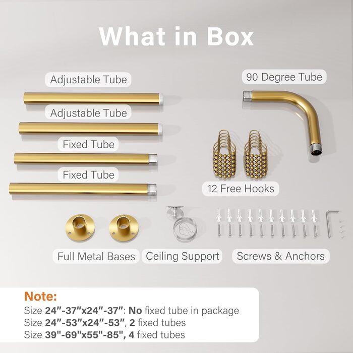 Кутова штанга для душу L-подібної форми, регульована, 90° поворот, з 12 гачками та підставкою для стелі - Золото