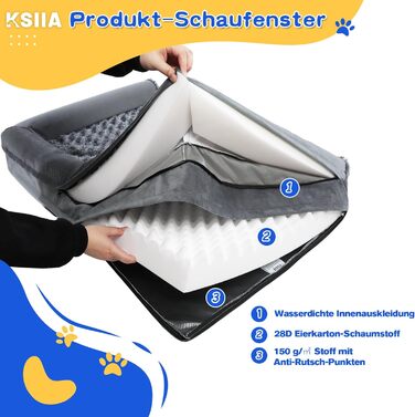 KSIIA Orthopedic Dog Bed for Large Dogs, 105x70x18cm, Removable and Washable Cover, XL Dog Couch with THREE Raised Edges, Non-Slip Bottom, Egg Crate Foam Dog Basket, Grey