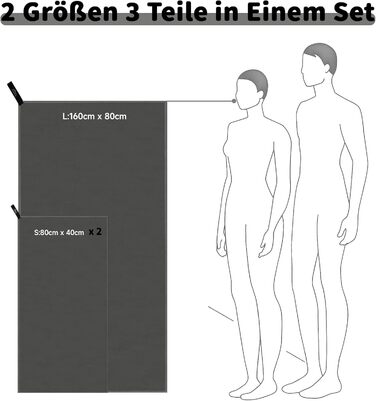 Набір рушників з мікрофібри Pameil (3 шт.): великий (160x80 см) + 2 маленьких (80x40 см), швидковисихаючі, для подорожей, фітнесу, сауни, темно-сірий