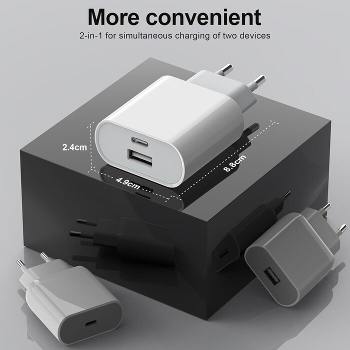 Мережевий адаптер USB-C 20W 2 порти для iPhone 16/16 Pro/16 Pro Max/16 Plus/15/14/13/12/11 Pro Max/X/XS, Samsung, швидка зарядка, зарядний пристрій