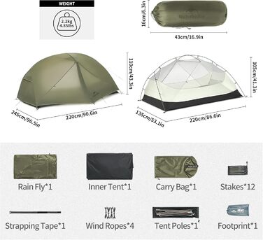 Намет Naturehike Mongar Pro 2-місний вітро- та водонепроникний для кемпінгу, трекінгу, походів. Оливковий