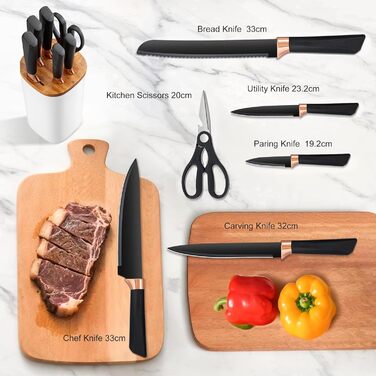 Набір ножів кухонний 6 предметів з блоком, нержавіюча сталь, білий