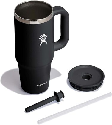 HYDRO FLASK - Travel Tumbler 709ml (24oz) with a Press-In Straw Lid - Stainless Steel - Double-Wall Vacuum Insulation - Splash-Proof Lid - Black