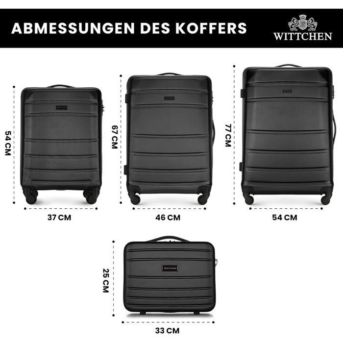 Набір валізWITTCHEN Globe Line: 4 валізи (великий, середній, маленький, ручна поклажа) з ABS-пластику, 4 колеса, кодовий замок, телескопічна ручка, чорний колір. Підходить для Lufthansa, Eurowings, Ryanair, Condor, Discover Airlines