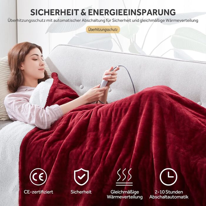 Електрична ковдра Warmrest, 130x180 см, фланель-шерпа, 6 температурних режимів, таймер 1-10 год, захист від перегріву, машинне прання