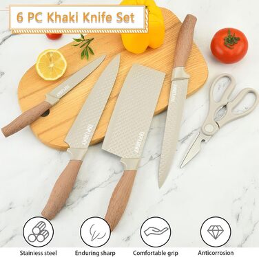 Набір кухонних ножів, 6 предметів: гострі ножі з нержавіючої сталі з антипригарним покриттям, набір для кухні з підставкою (Хакі)