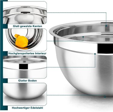 Набір мисок Joyfair, 3 шт. з нержавіючої сталі з кришками, 4.5L/2.7L/1.5L, для змішування, сервірування та приготування, миюча посудомийна машина