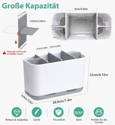 Тримач для електричної зубної щітки сірого кольору. Організатор для ванної кімнати з регульованими перегородками. Підходить для сім'ї та дітей.