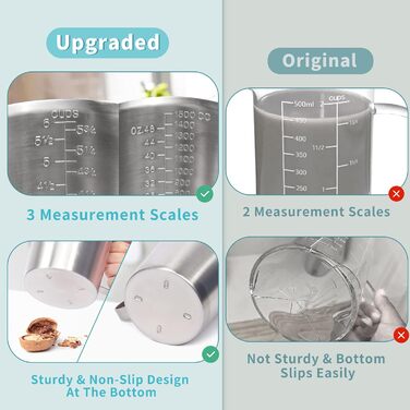 Newness Focus on stainless steel measuring cups, 1500 ml stainless steel measuring cup, improved, 3 types of markings, including ml, oz, and cup, stainless steel milk frothing cup with markings and handle