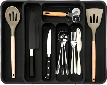 Органайзер для столових приборів в шухляду (28-47.5 см, XXL, чорний) - Розсувний лоток для ложок, виделок, ножів