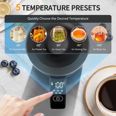 Електричний чайник Aigostar Alva з регулюванням температури 40°C-100°C, 1.7 л, подвійні стінки, Cool Touch, LED дисплей, тихий, бездротовий, з функцією підтримання тепла, 2200W, BPA Free, чорний