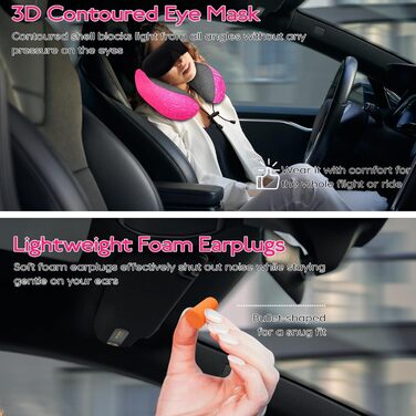 Подушка для шиї у літак - подушка для подорожей 100% Memory Foam - портативна подушка для літака - з 3D-маскою для сну та берушами - ідеальна для крісла літака, авто, дому, офісу, подушка для сну (Рожева)