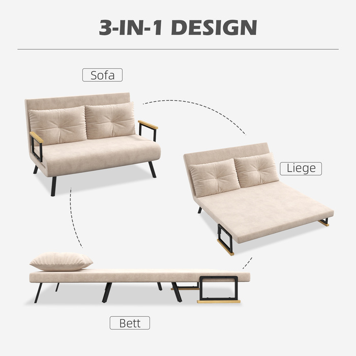 HOMCOM Sleeper Sofa, Recliner with Bed Function, Fold-Out Sofa, Back Cushion, Upholstered Sofa with Adjustable Backrest, Beige, 102 x 73 x 81 cm | Aosom