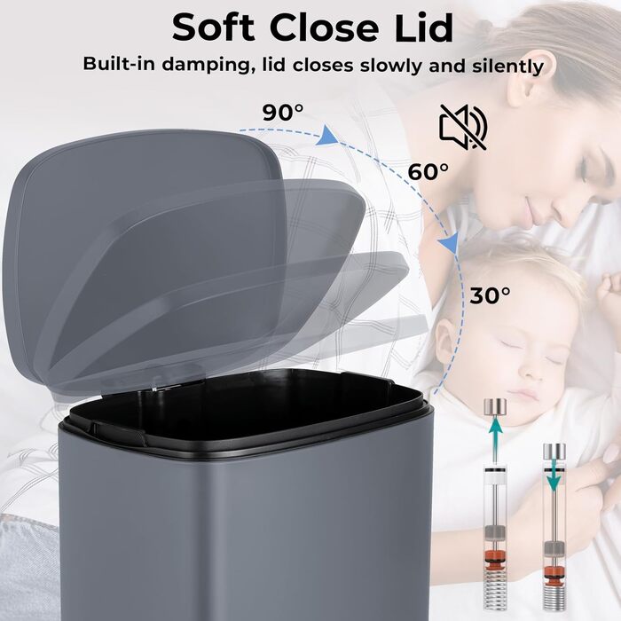 Відро для сміття LIFERUN 30л з кришкою, з м'яким закриттям, сталеве, з внутрішнім відром, для кухні, ванної кімнати, офісу (L-50L, сірий)