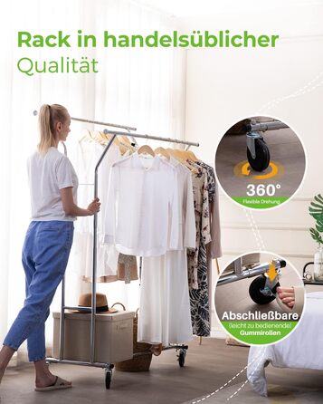 HOKEEPER Heavy-Duty Clothes Rack, Commercial Grade, Up to 181 kg (400 lbs) Load Capacity, Extendable Clothes Rod on Wheels, Durable Double Rails for Hanging Clothes, Silver