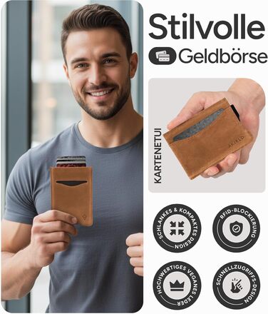 Криза картковий з RFID захистом та подарунковою коробкою – Мінімалістичний гаманець для чоловіків – Компактний портмоне з безконтактним захистом (Alpha Collection) (13. Світло-коричнева шкіряна випуск)