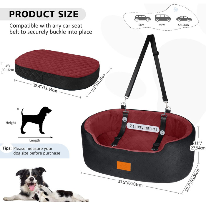 Dog Car Seat for Medium & Large Dogs (Up to 25kg) or 2 Small Dogs - with Leashes & Washable Cushion - Back Seat Cover (Black/Red)