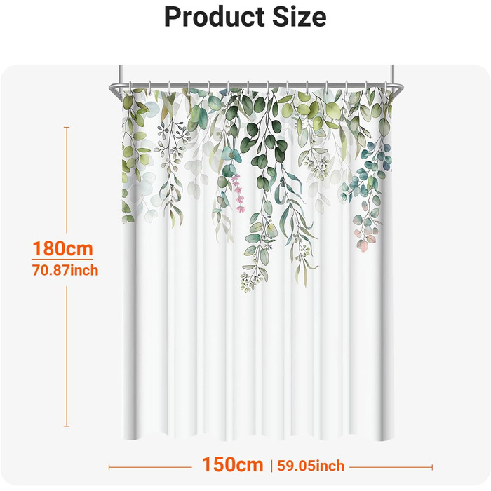 Штора для душу 200x200 см, зелені листя, антигрибкова, текстильна, водовідштовхувальна, пральна, поліестер, з кільцями (12 шт.) для ванної кімнати