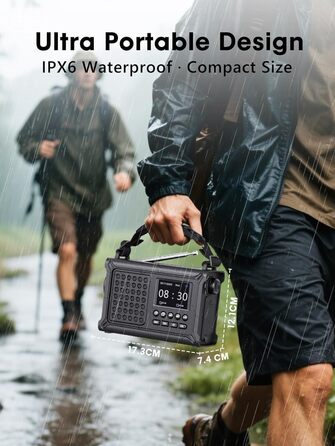ROCAM Радіоприймач на ручку DAB+/UKW, портативне аварійне радіо з сонячною панеллю 8500 мм² та ручкою 650 мА, цифрове радіо з Bluetooth, 2.4' кольоровий дисплей, 80 станцій, SOS, LED ліхтарик, USB, IPX6 для кемпінгу, чорний