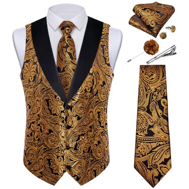 Костюм-жилет DiBanGu для чоловіків, шовковий жаккард, жилет та краватка, комплект з жабо, для смокінгу, весілля, свят, 7 предметів, золото та чорний
