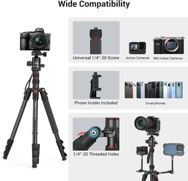 SMALLRIG 71' Штатив для камери, розкладний, з кульковою головкою 360°, швидкознімною платформою та кріпленням для смартфона, вантажопідйомність 15 кг, 180 см - 3935