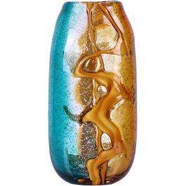 Blue-Green Blown Glass Flower Vase - Unique Murano Style Decor for Bookshelves & Living Rooms