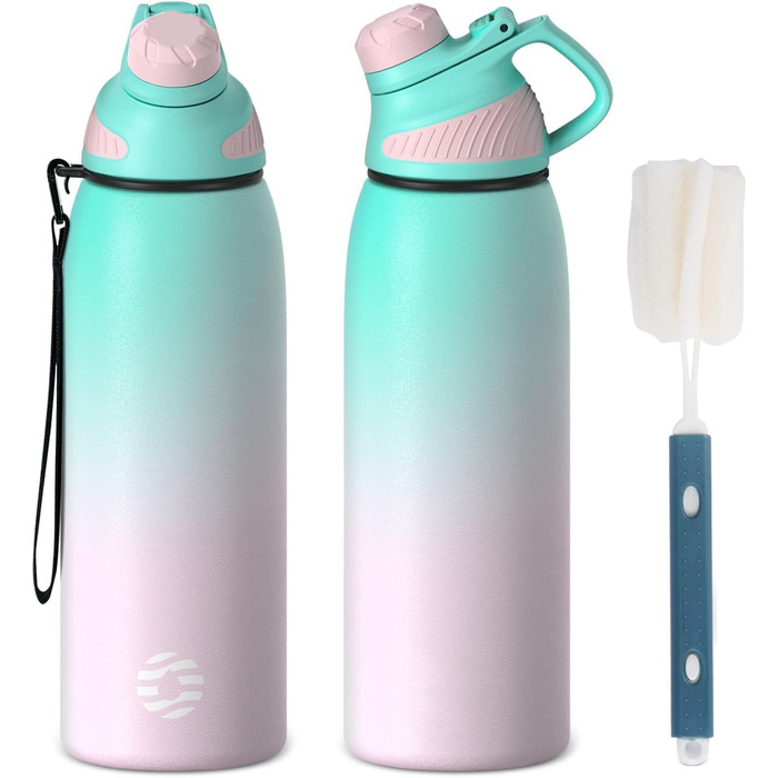 Stainless Steel Water Bottle 600 ml/800 ml/1 l with Magnetic Lid, BPA-Free, Insulated Water Bottle, Sports Metal Water Bottle, Hot and Cold Drinks, Vacuum Flask, Work, Travel (800 ml, Green/Pink)