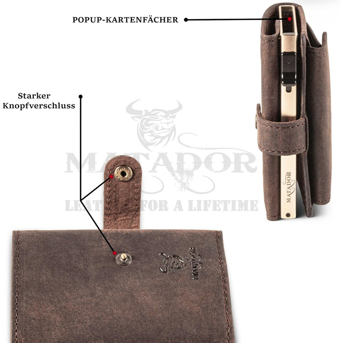 Гаманець Matador Slim Miami з RFID захистом, шкіряний, коричневий - мінімалістичний портмоне для чоловіків з поп-ап механізмом та відділенням для монет