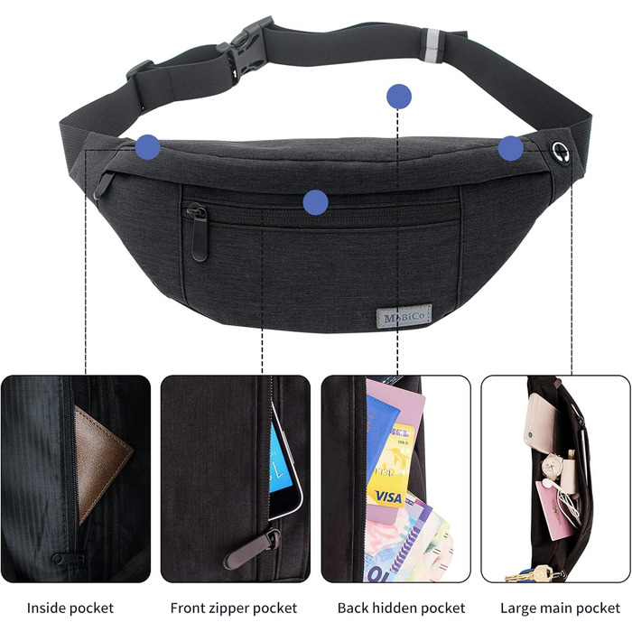 Чоловіча/жіноча поясна сумка-рюкзак на пояс, водонепроникна, для спорту, бігу, кемпінгу, подорожей (чорна)