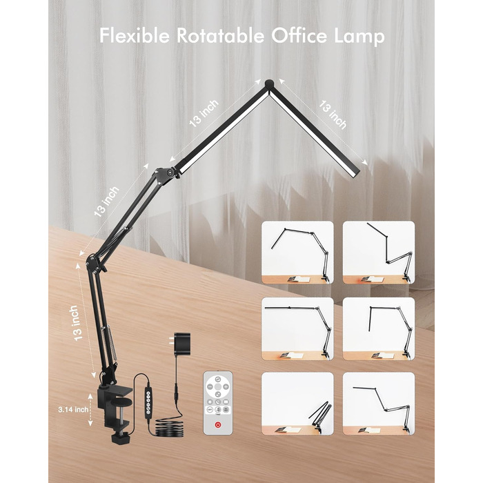 LED настільна лампа NOEVSBIG 24W з регулюванням яскравості, 5 режимів, таймер, сенсорне керування, кріплення, денне світло, сучасний дизайн