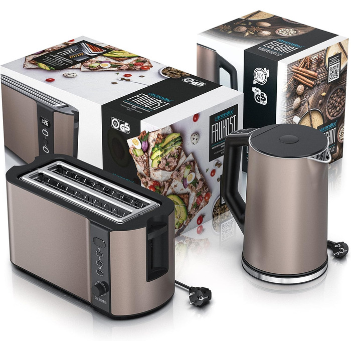 Набір Arendo: чайник та тостер, нержавіюча сталь, бежевий. Чайник 1,5л з підігрівом, тостер на 4 тости з LED-дисплеєм та 6 рівнями підсмажування