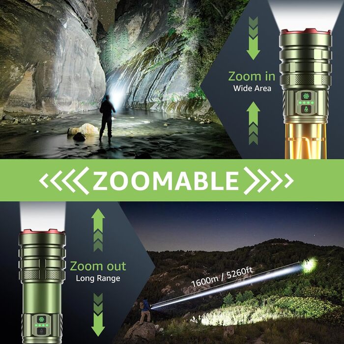 Потужний LED ліхтар 1000000 люмен, акумуляторний, з режимом кемпінгу, регулюванням фокусу, 11 режимів, довга робота від акумулятора, водонепроникний тактичний ліхтар для кемпінгу, відпочинку на природі та надзвичайних ситуацій (зелений)