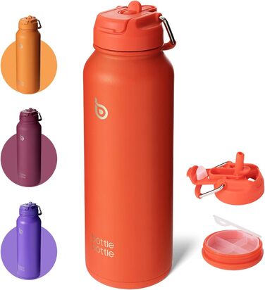BOTTLE BOTTLE Insulated Water Bottle with Straw, Sports Stainless Steel Water Bottle with Handle Lid, Outdoor Sports Bottle for Pills, 1L (White) (Orangered)