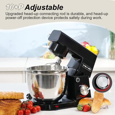 Кухонна машина Cheflee 1500W з чашами 4.5L та 5.5L з нержавіючої сталі, 10+ швидкостей, міксер з гаками для тіста та вінчиком, сплеск-захист (Чорний)
