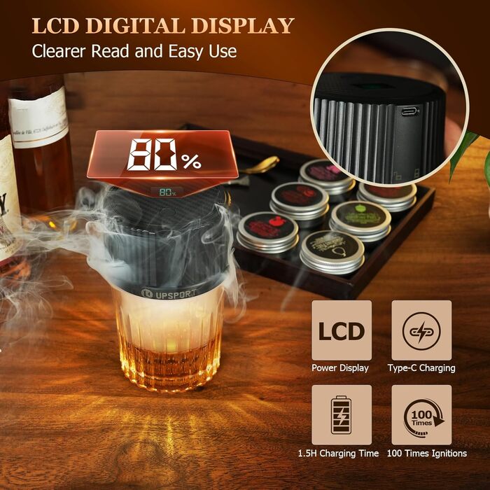 Електричний набір для копчення коктейлів з 4 режимами підсвічування, перезаряджуваний, для віскі, 6 дерев'яних стружок, без бутану, подарунок для чоловіків, батьків, коханих FY01