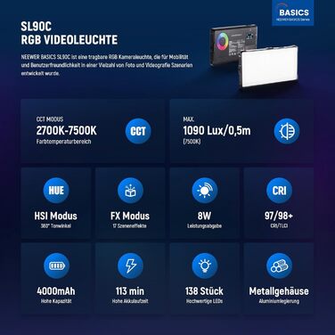 NEEWER SL90C RGB LED панель для відеозйомки, 8W, 2700K–7500K, портативна, з регулюванням кольору, CRI 97, 4000mAh, металева, для DSLR, стримінгу, SL90C