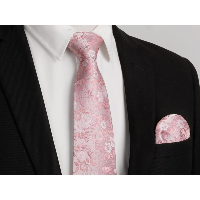 Краватка чоловіча HISDERN 160 см з кишеньковим хустинкою. Шовкова краватка для весілля та ділових зустрічей. Елегантний дизайн (E Рожеві квіти)