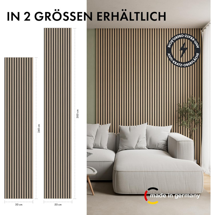 Акустична панель Momento з натурального дуба 240x50 см, 3D ламелі для шумоізоляції стін, колір дуб натуральний, чорний фліс (Made in Germany)