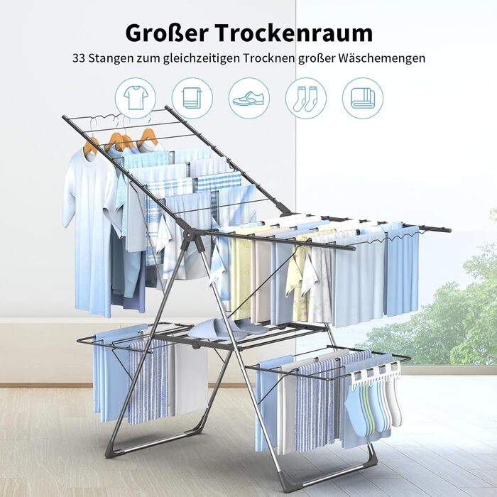 Сушарка для білизни Innotic - розкладна, портативна, з 4 крилами, регульована по висоті, для балкону та дому (сіра)