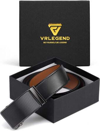 Чоловічий шкіряний ремінь VRLEGEND з автоматичною пряжкою (ратинг) без дірок для бізнесу/костюма, регульований розмір, з подарунковою коробкою, чорний