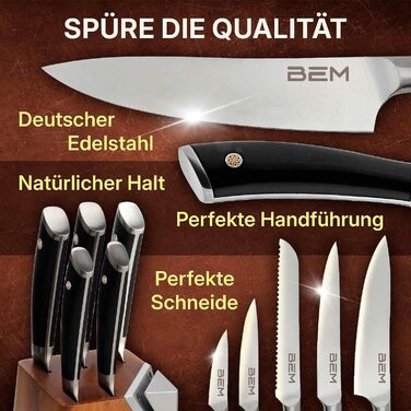 Набір кухонних ножів BEM Master Chef 6 шт. з підставкою: кухонний ніж, ніж для овочів, ніж для нарізки, універсальний ніж, ніж для хліба; шліфувальник, нержавіюча сталь