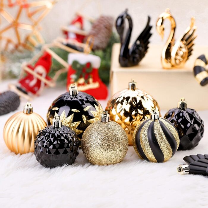 Набір прикрас для ялинки Alupssuc 128 шт: кулі, квіти, стрічки, верхівка, гачки. Чорний та золотий, синій та золотий.