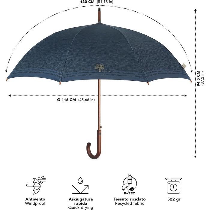 Perletti Green Eco-Friendly Women's Umbrella - Large Automatic Rain Umbrella with Recycled Materials & White Flower Design (Blue, 102cm Diameter)