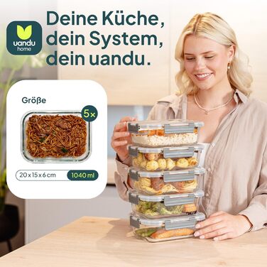 Набір контейнерів для їжі Uandu з кришкою (10 шт.) – Скляні контейнери для зберігання їжі, BPA-free, придатні для миття в посудомийній машині, мікрохвильовій печі та морозильній камері (Антрацит, набір з 5 шт.)