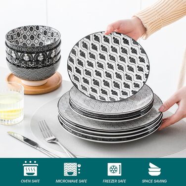 Набір посуду Vancasso Haruka 16 предметів: тарілки для їжі (26.5 см), десертні тарілки (21.5 см), миски для каші (15.2 см) та чашки (360 мл) чорного та кремового кольорів