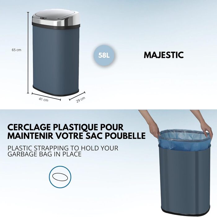 Відро для сміття кухонне автоматичне Majestic, 58 л, з нержавіючої сталі, матовий сірий