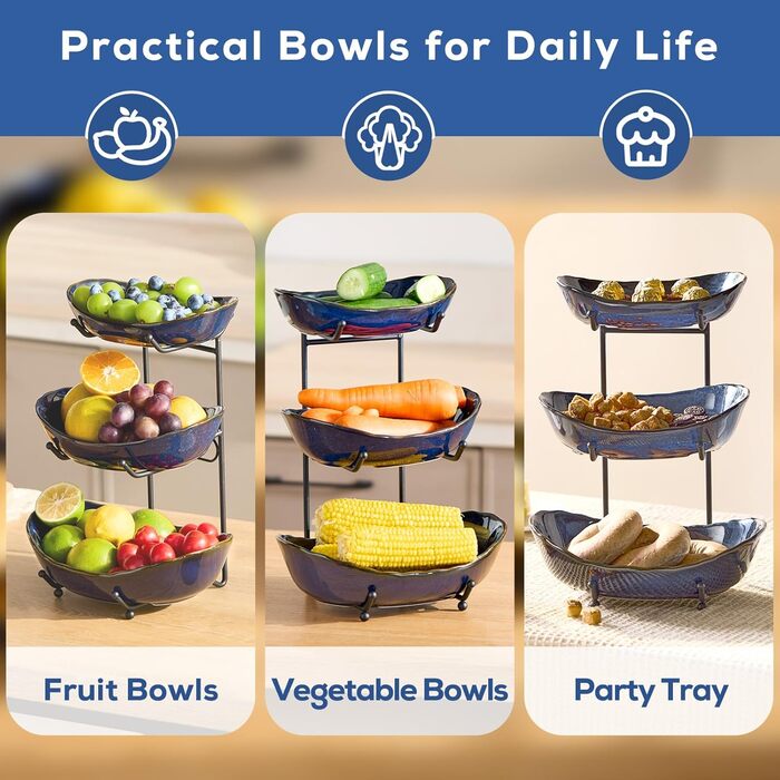 DUJUST Трирівнева етажерка для фруктів з кераміки, 3 яруси, сучасний дизайн, обпалена глазур, для кухні, зберігання фруктів, стабільна, придатна для миття в посудомийній машині